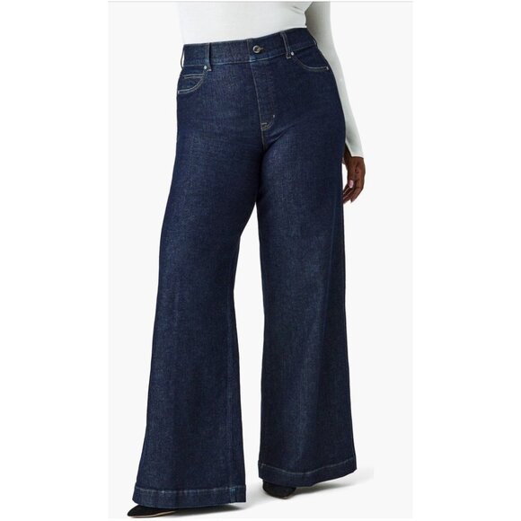 Spanx Women’s Size M Wide Leg Denim Pull On Jeans Pants Raw Indigo Dark Denim - Picture 1 of 11